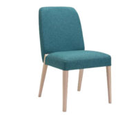 A blue upholstered chair with wooden legs