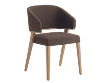 A chair with a wooden frame and a beige upholstered seat