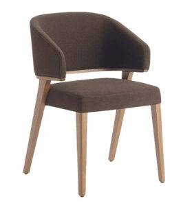 A chair with a wooden frame and a beige upholstered seat
