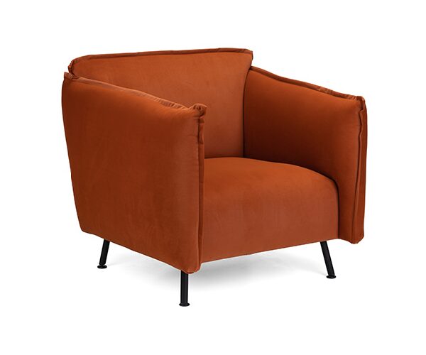 an orange chair with black legs on a white background