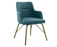 A blue upholstered chair with gold legs