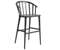 A black bar stool with a wooden seat