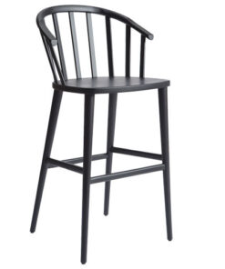 A black bar stool with a wooden seat