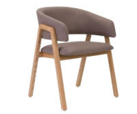 A chair with a wooden frame and a grey upholstered seat