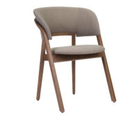 A chair with a wooden frame and a beige upholstered seat