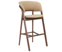 A wooden bar stool with a beige upholstered seat