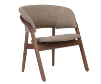 A chair with a wooden frame and a beige upholstered seat