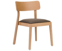 A wooden chair with a black seat cushion