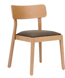 A wooden chair with a black seat cushion