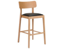 A wooden bar stool with a black leather seat