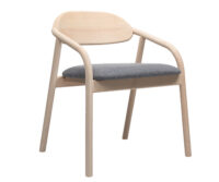 A wooden chair with a blue seat cushion