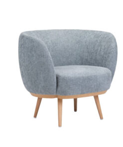 A grey chair with wooden legs on a white background