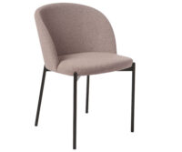 A grey chair with black legs and a beige upholstered seat