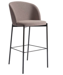 An upholstered stool with a black frame and a grey upholstered seat