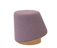 A purple hat sitting on top of a wooden stand