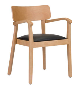 A wooden chair with a black seat cushion